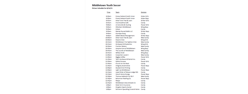 2025 Fall Picture Day Schedule